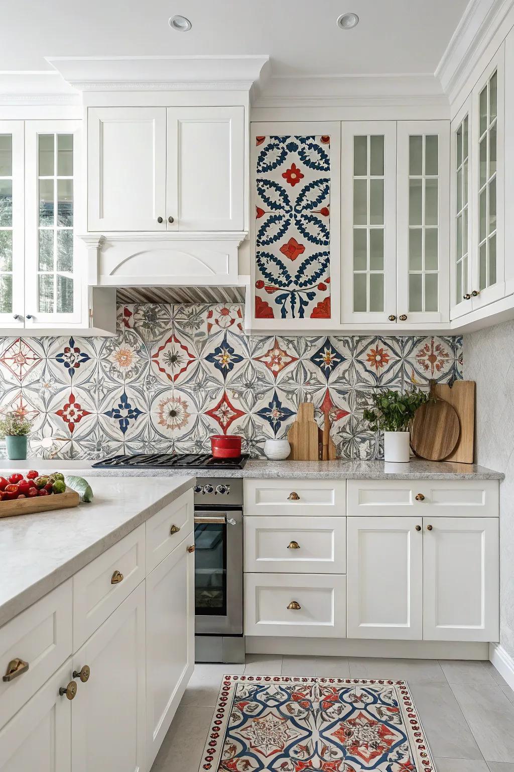Audacious patterns render the backsplash a focal element in this white kitchen.