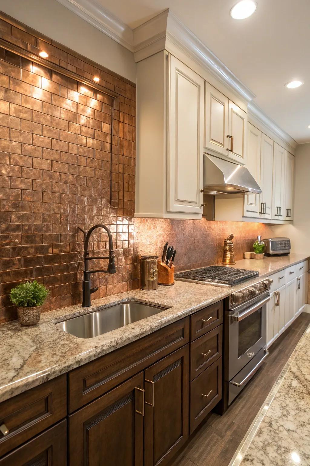Bronze-toned tiles bring warmth to fantasy brown granite.