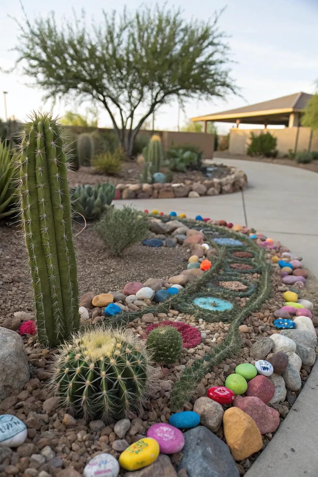 Colorful stones around cacti adding vibrant patterns and textures.
