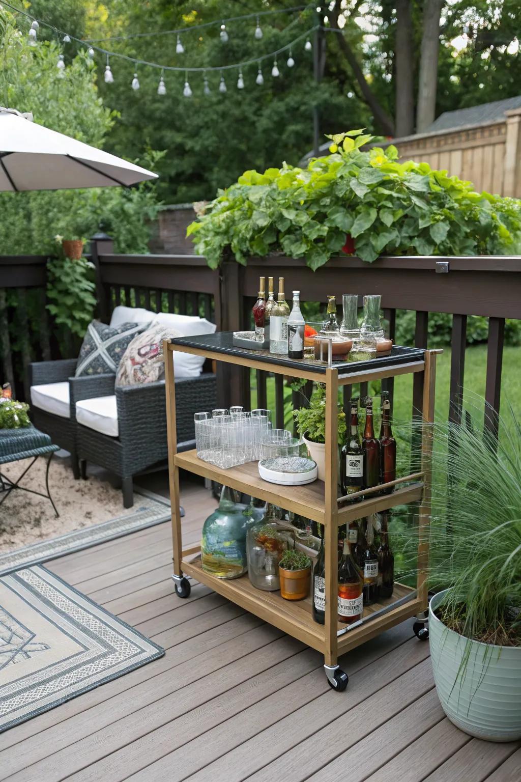 A DIY bar cart adds a touch of sophistication.