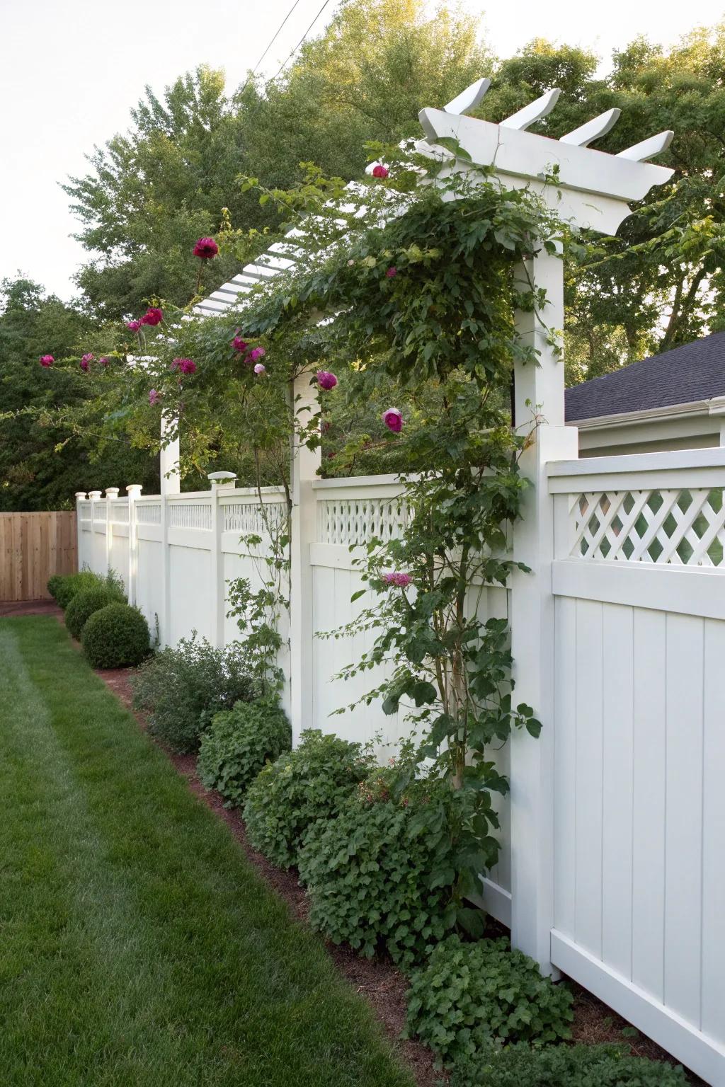 A trellis overlay with climbing flora enhances charm and height.