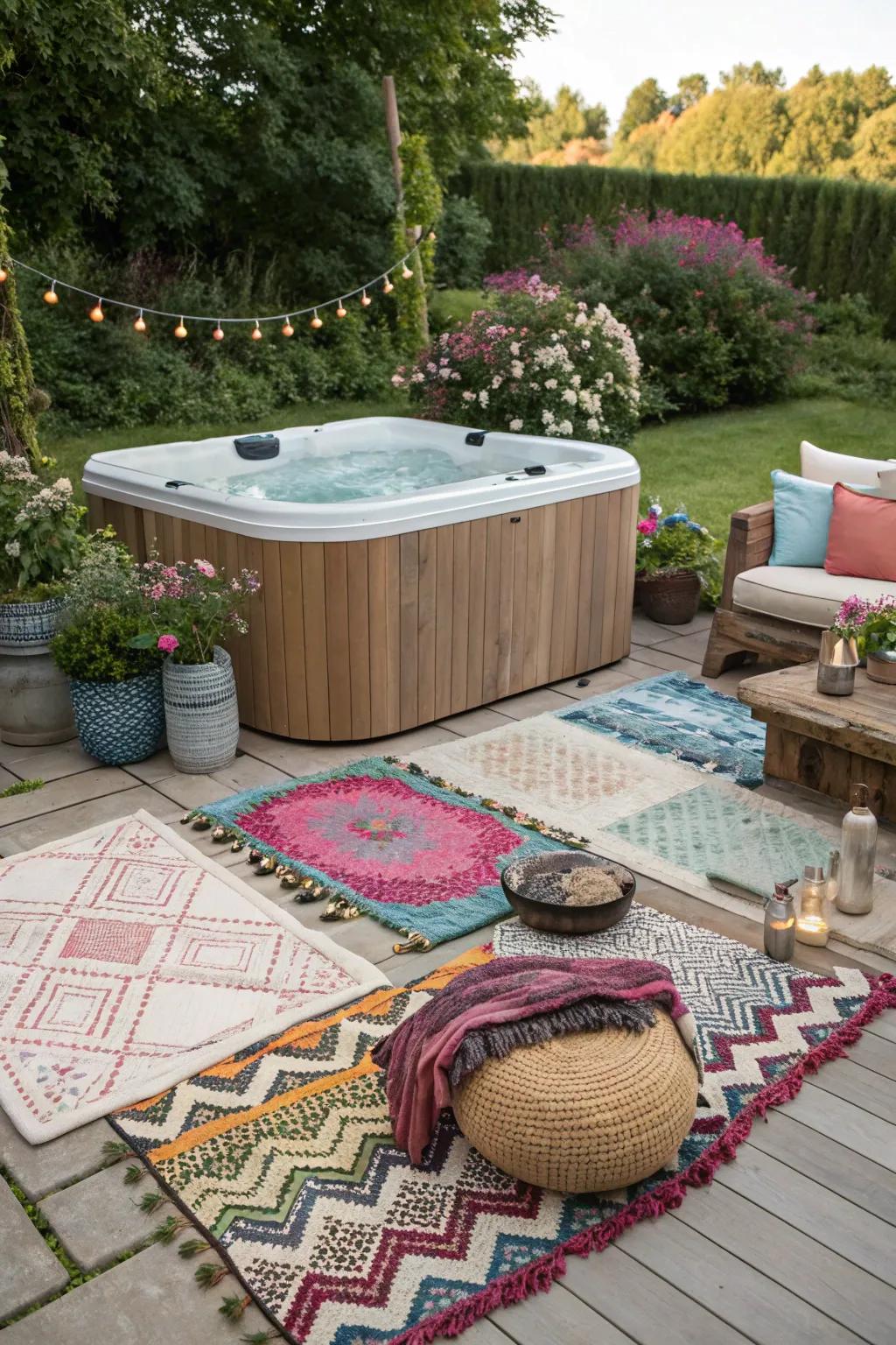 Exterior rugs and cushions craft a comfy and inviting private spa area.