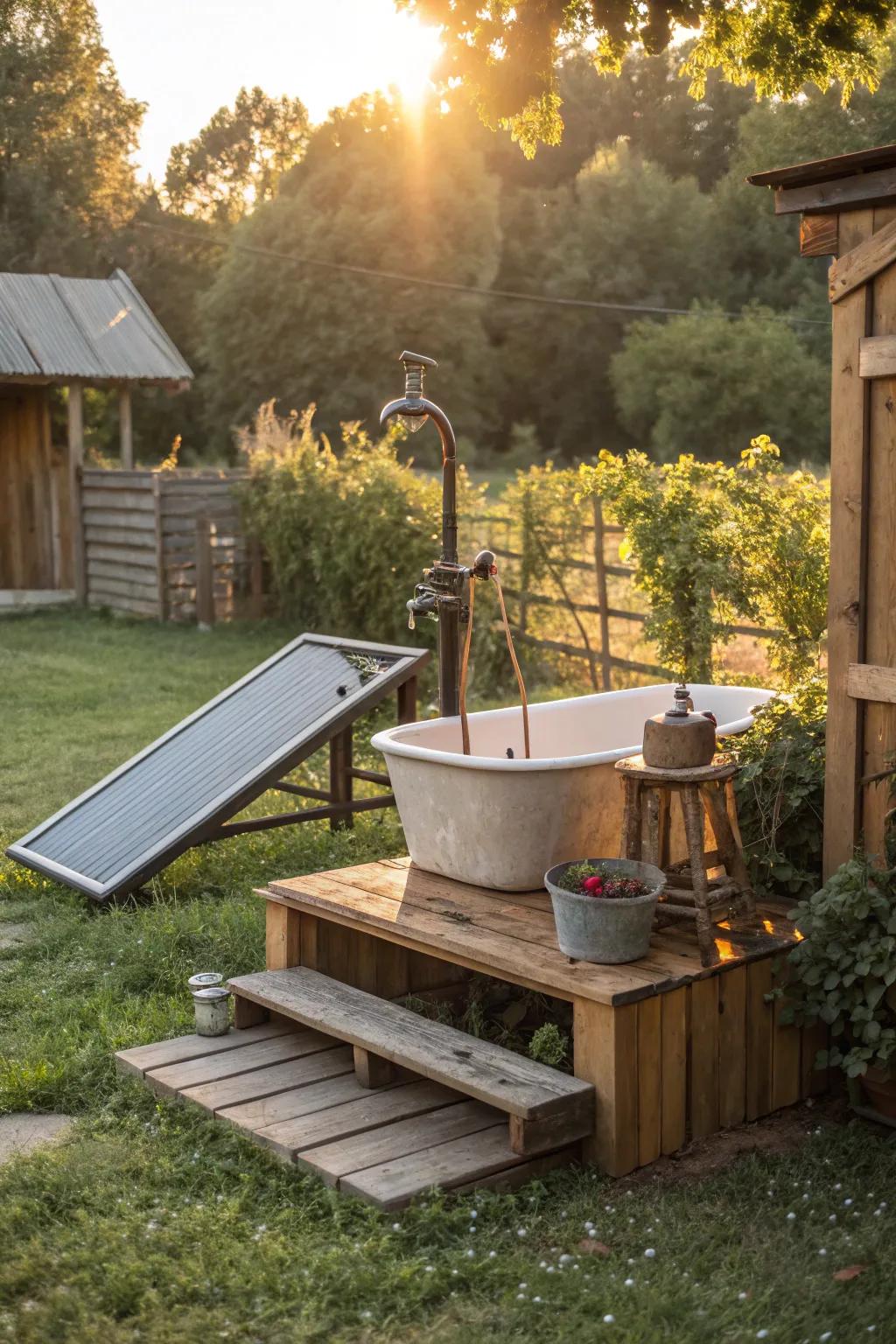 Upgrade your dog's bath time with solar-heated comfort in a rustic backyard oasis.