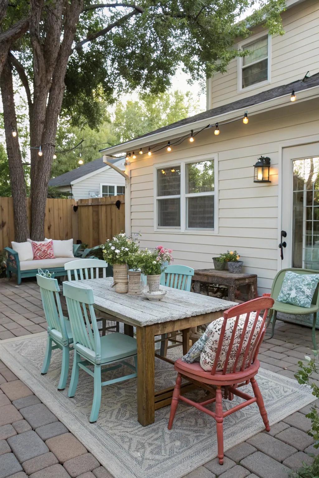 Repurposed furniture enhancing charm and sustainability.
