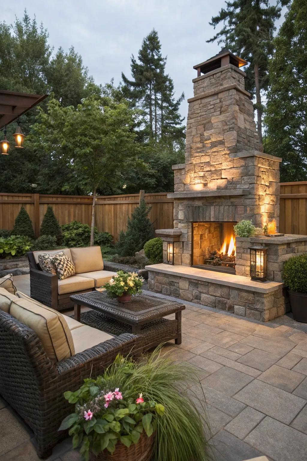 A stone fireplace yields warmth and a stunning centerpiece.
