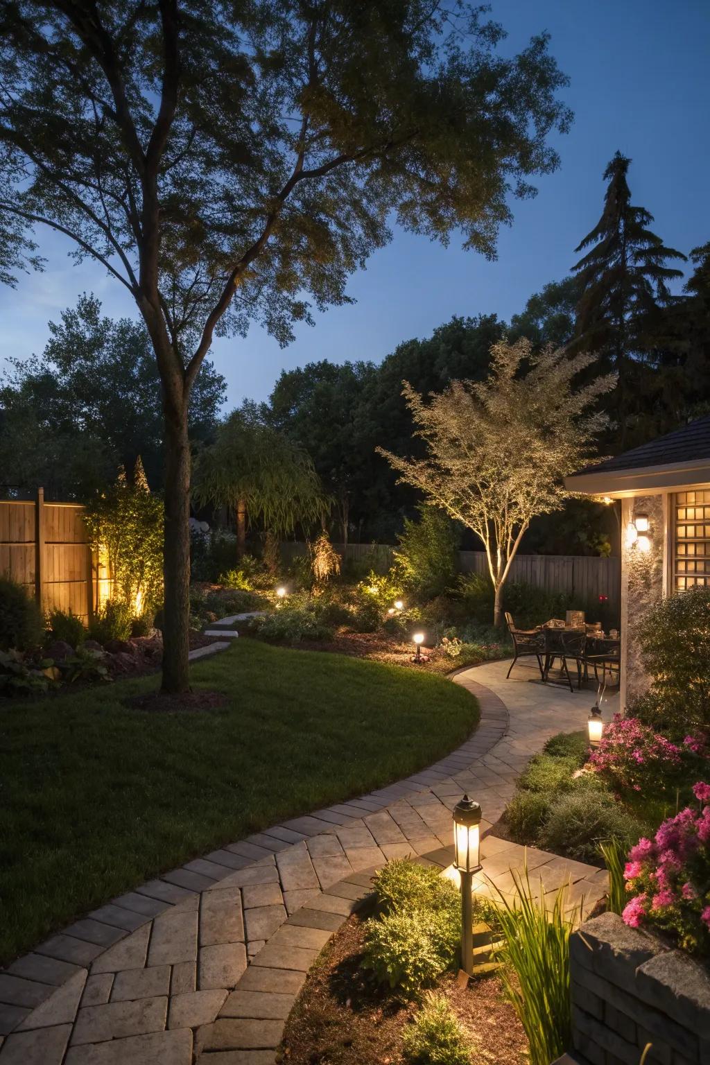 Artistic lighting amplifies the splendor of your garden after twilight.