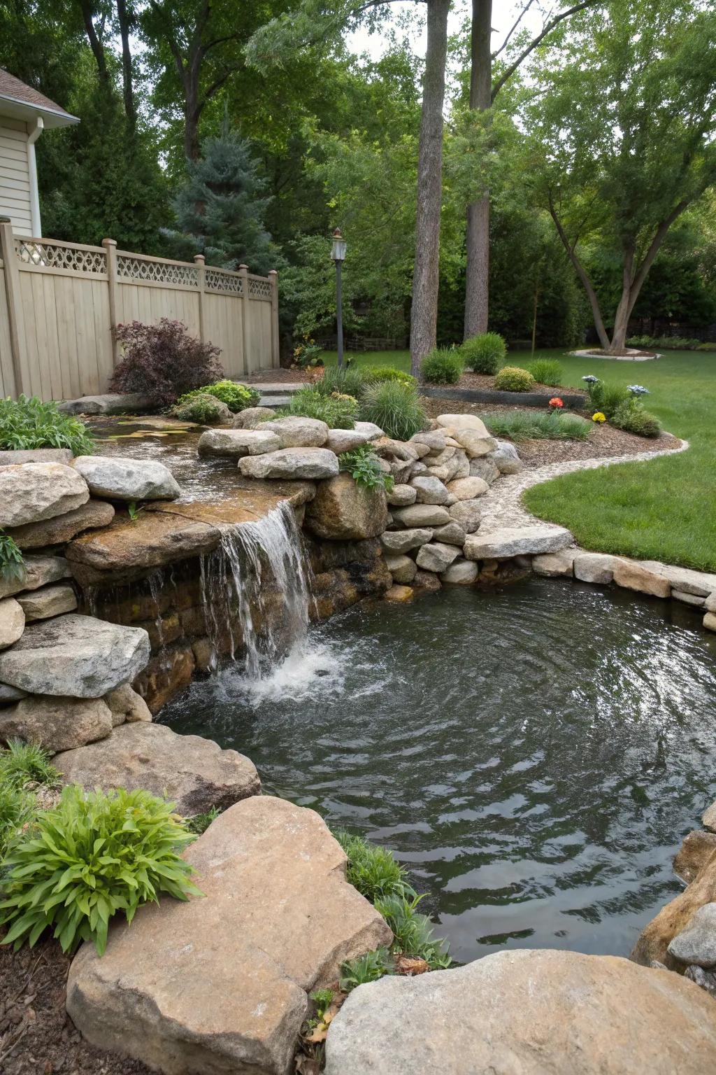 A stone cascade creates a striking focal point.