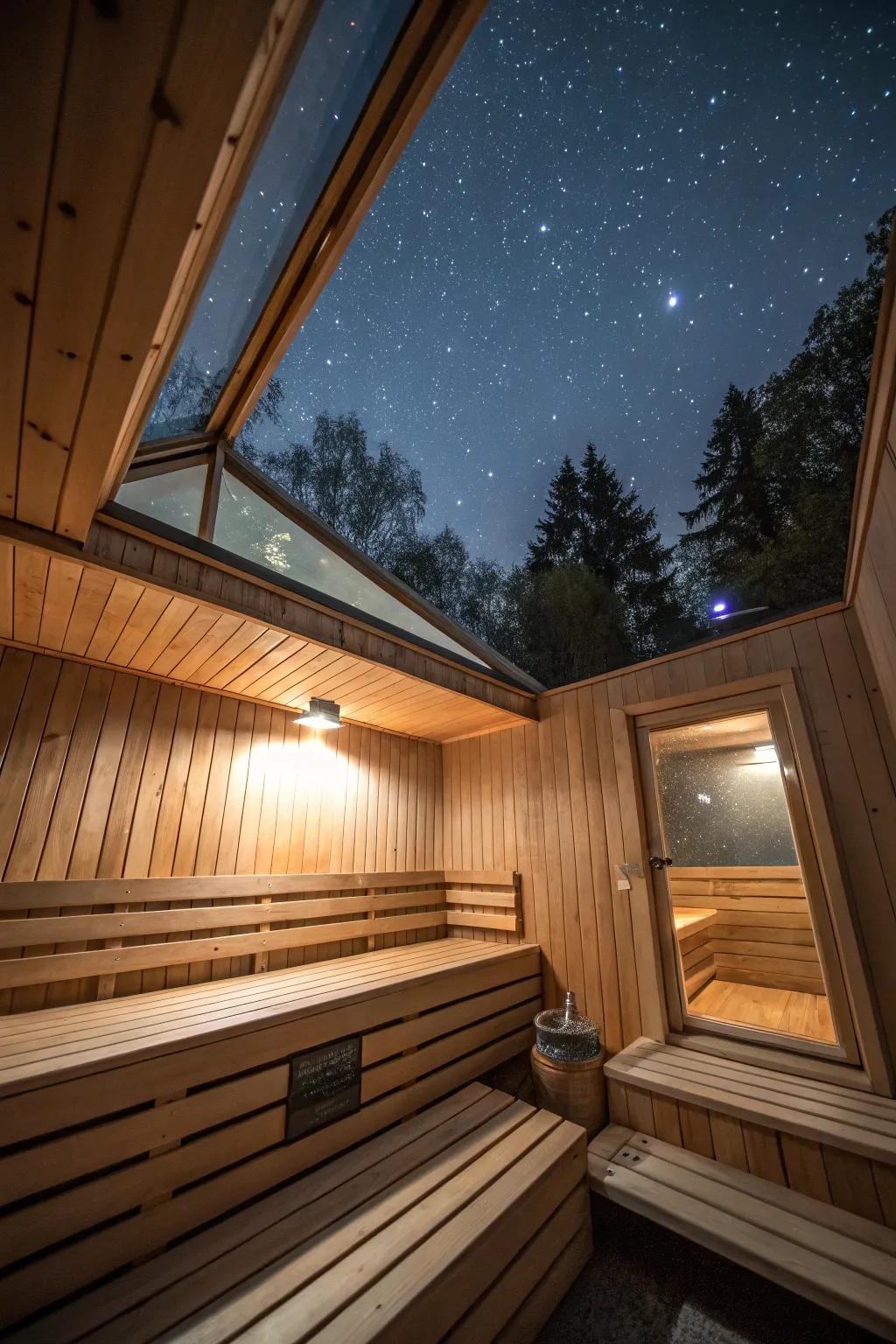 A sauna with a skylight allowing for natural light.