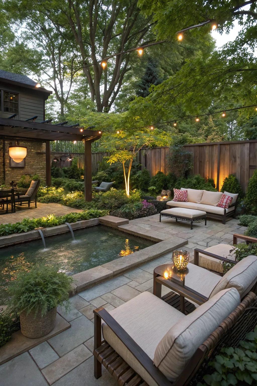 A water feature introduces tranquility and focus.