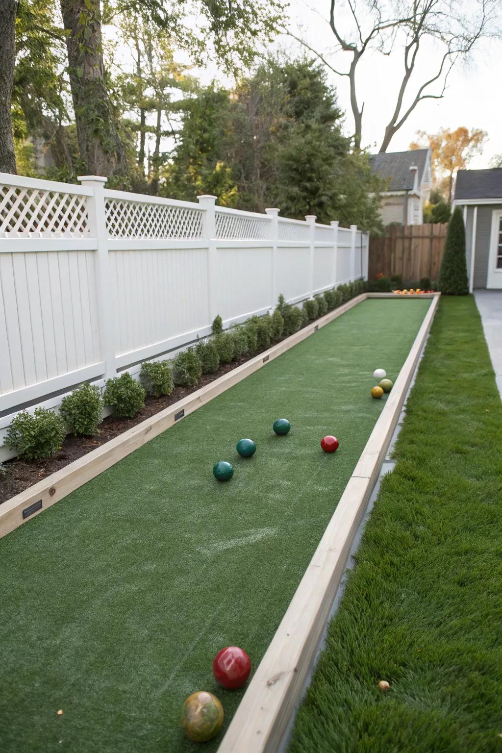 A fun bocce ball court in the backyard for entertainment.