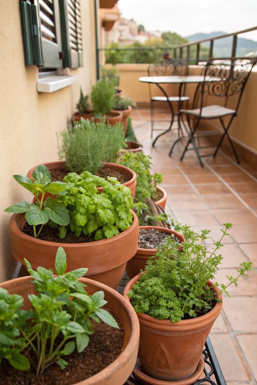 Clay pots add timeless elegance to any herb garden.