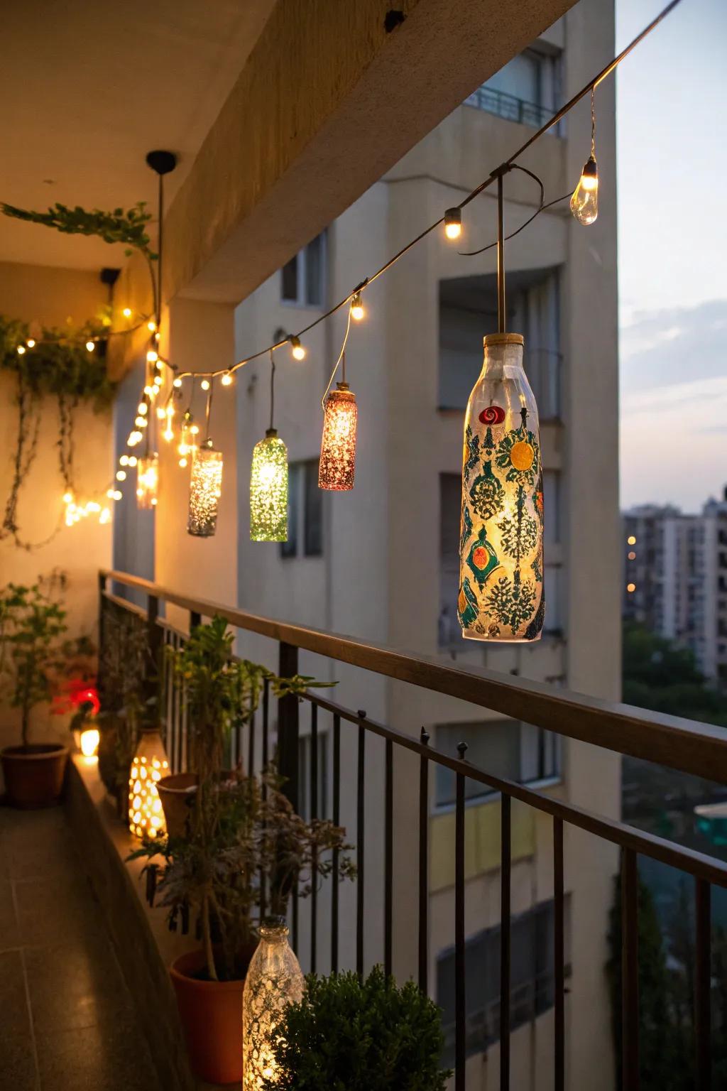 DIY bottle lights add a creative and personal touch to balcony decor.