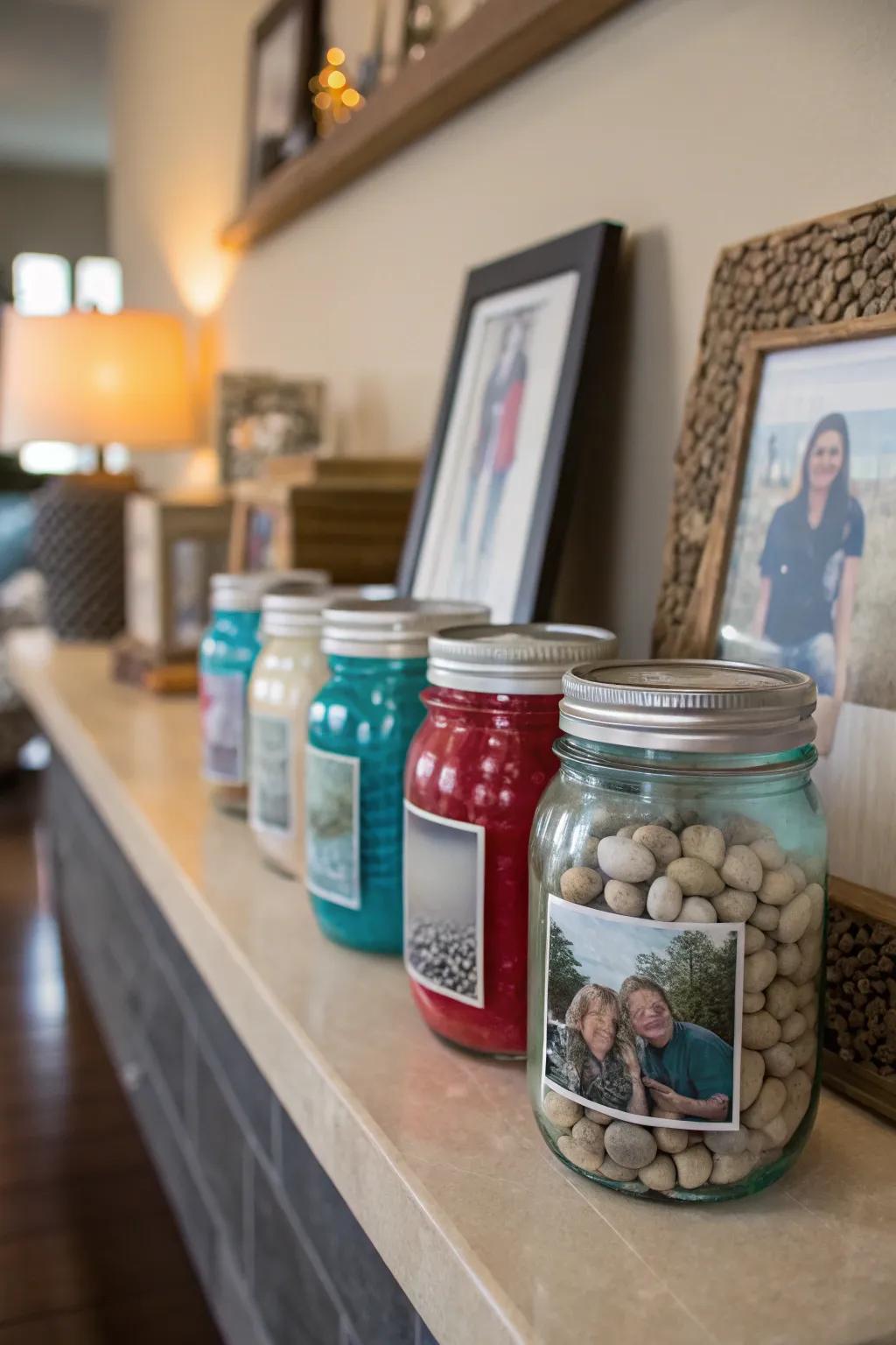 Ingenious photographic showcases employing canning jars depict cherished recollections.