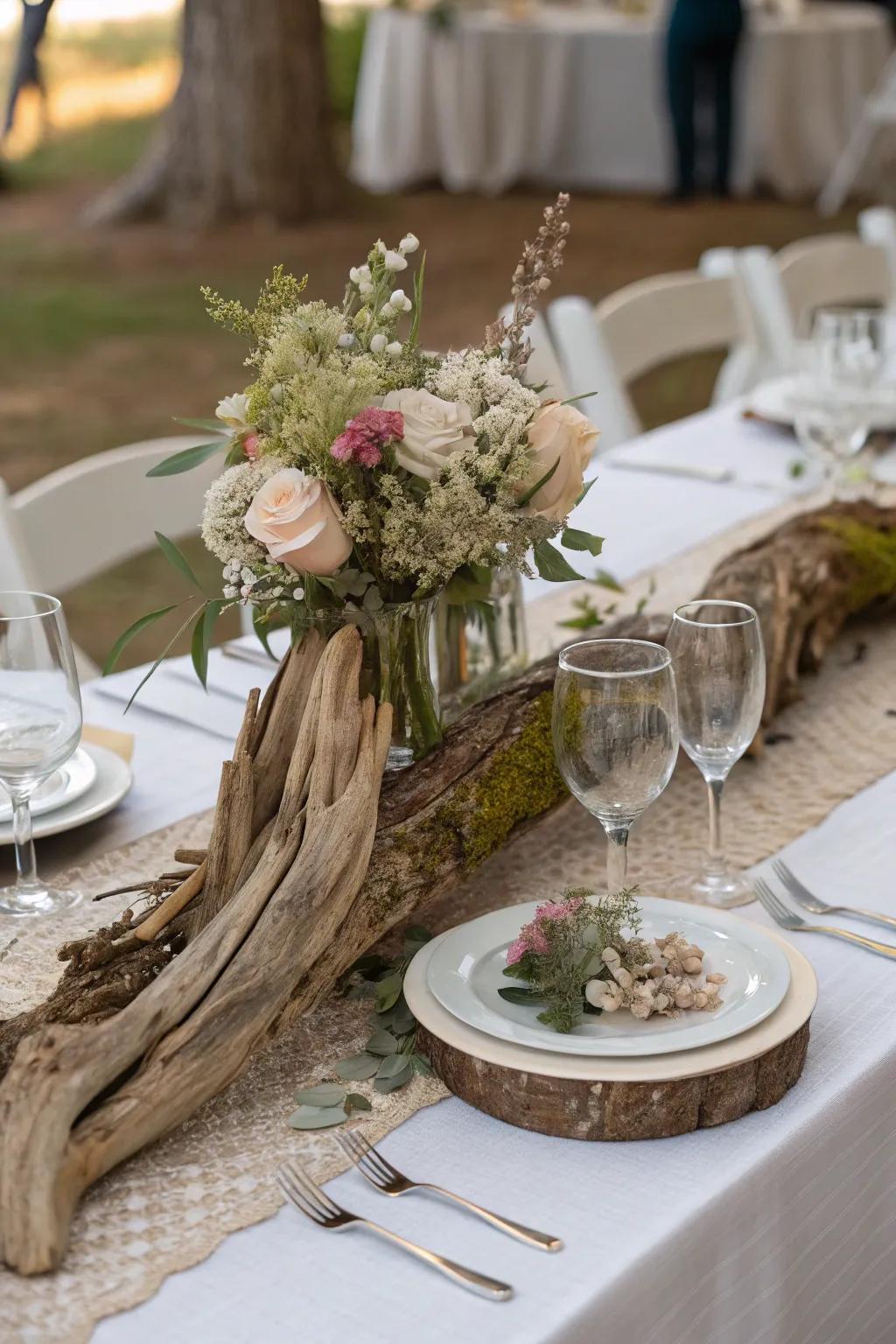 Seaside wood art crafting a natural, sculptural centerpiece.