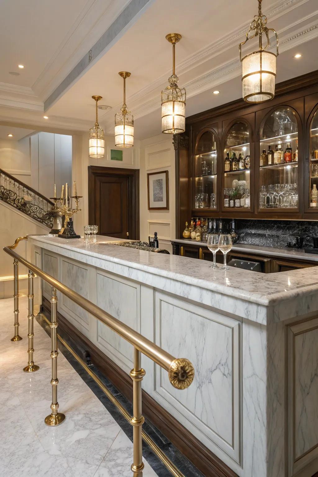 Luxurious marble and metal foot rail for a grand bar.