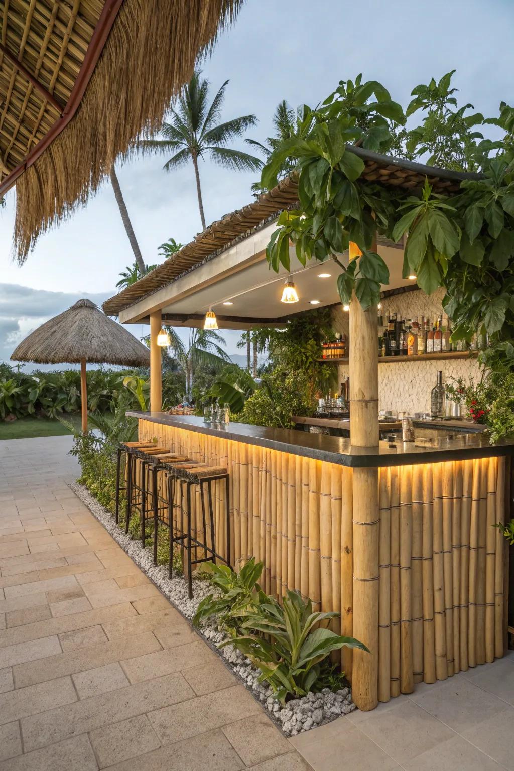 Tropical escape bar with bamboo and greenery.