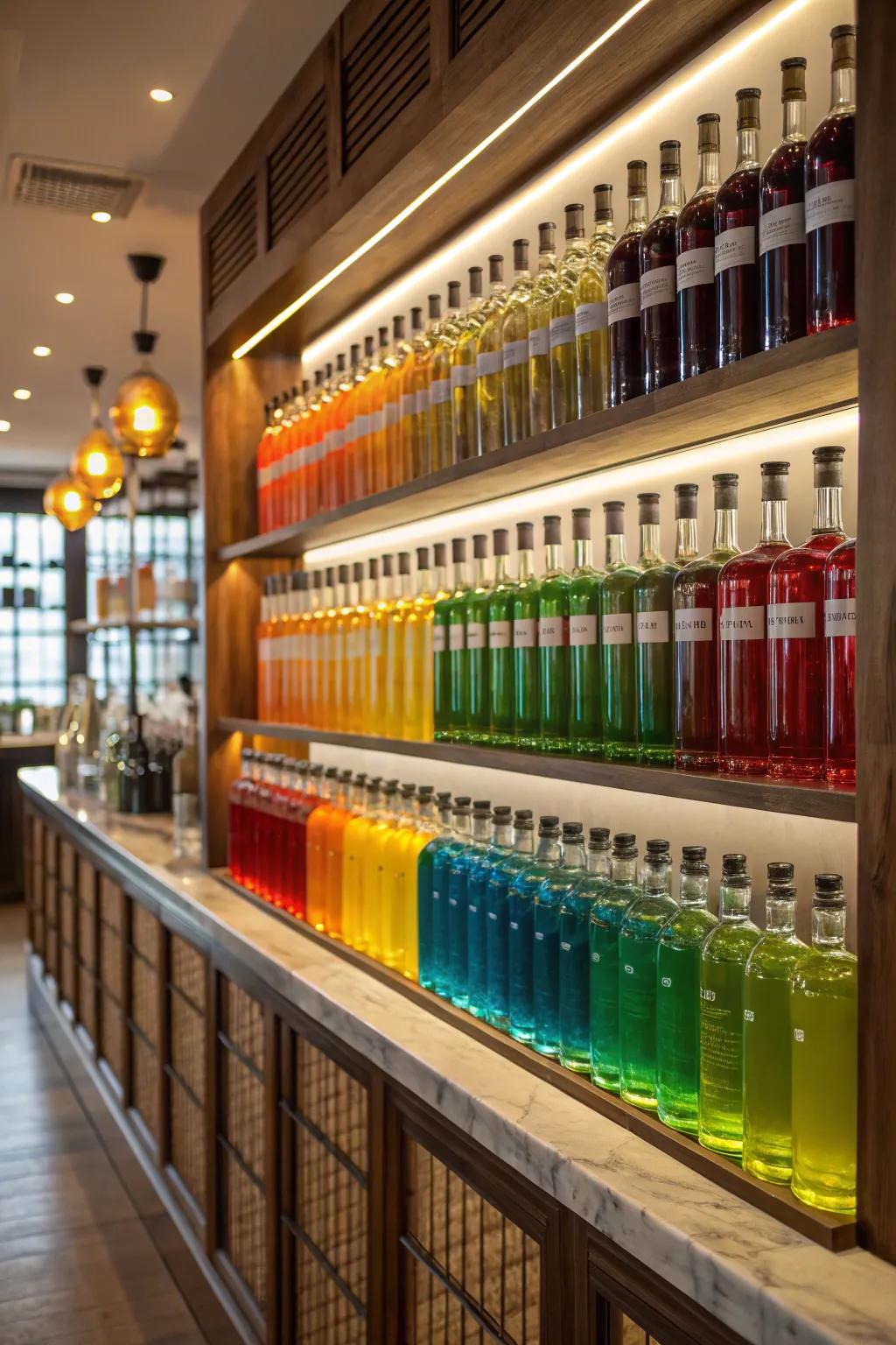 Shade-organized shelves offer a visually spectacular display.