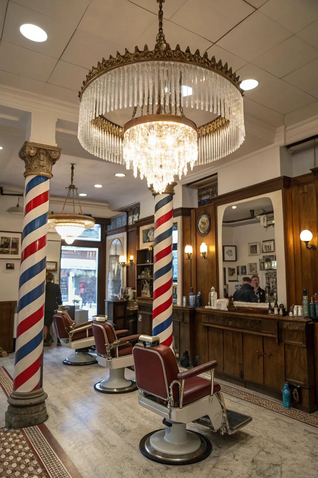 A striking chandelier serves as a striking focal point in a barbershop.