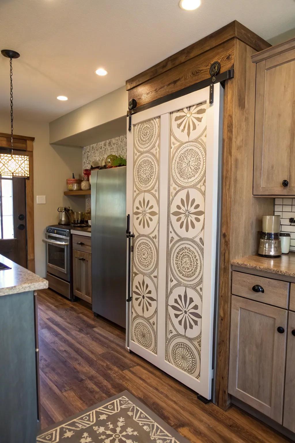 A kitchen featuring a sliding barn door pantry showcasing stenciled patterns.