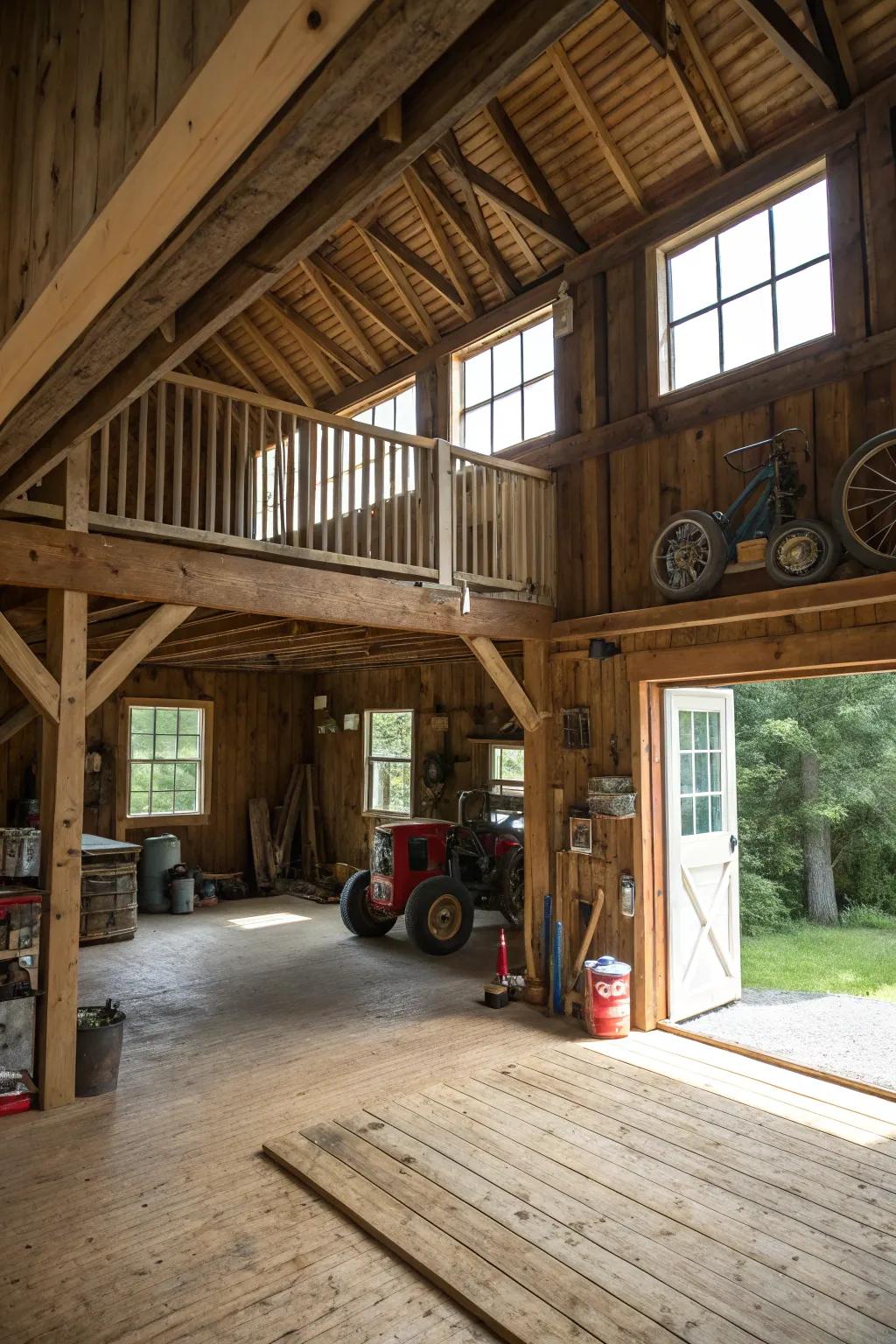 A loft makes the most of space in this barn garage, giving storage or living picks.