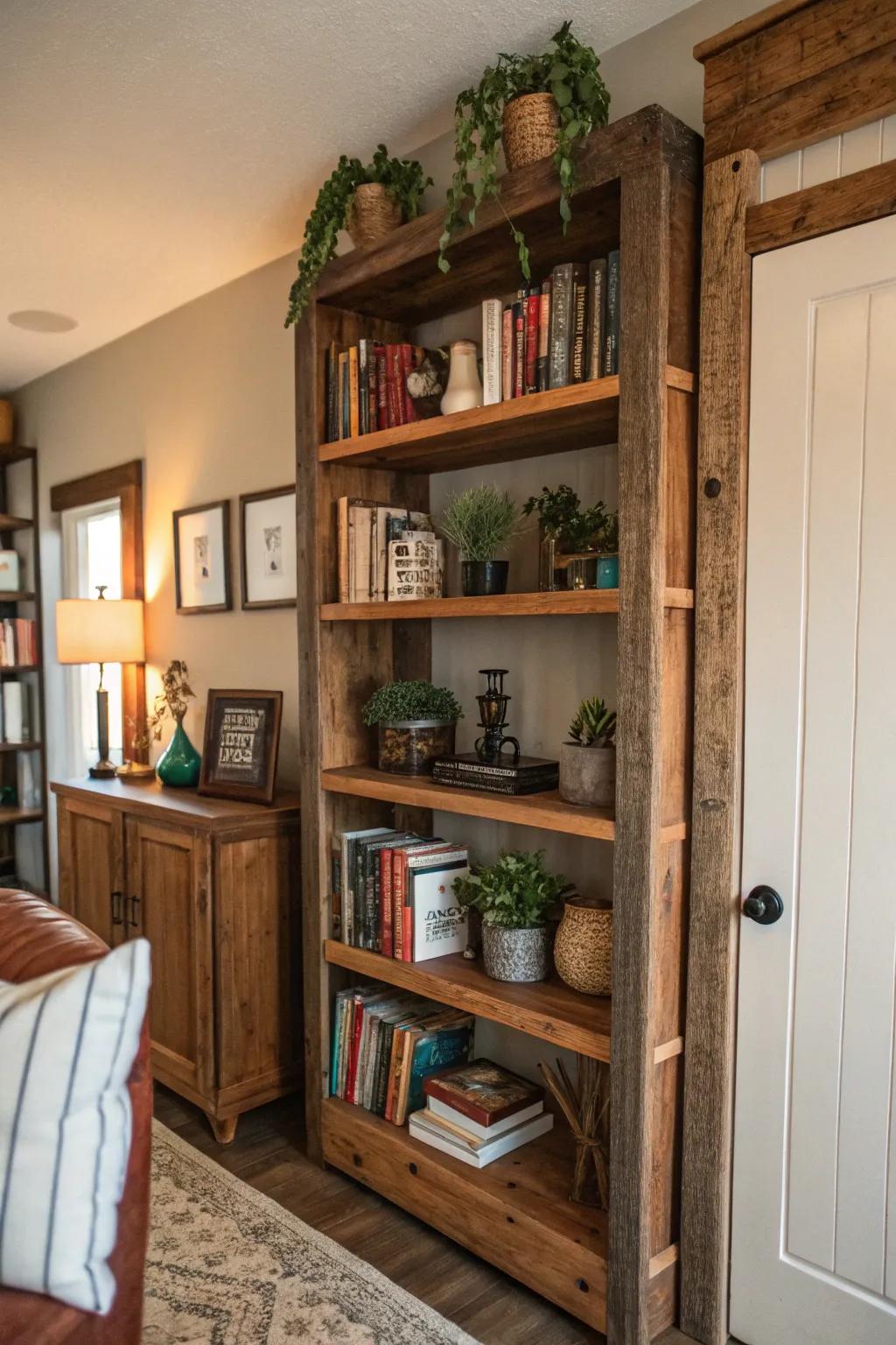 Add functional style with barn timber shelves.