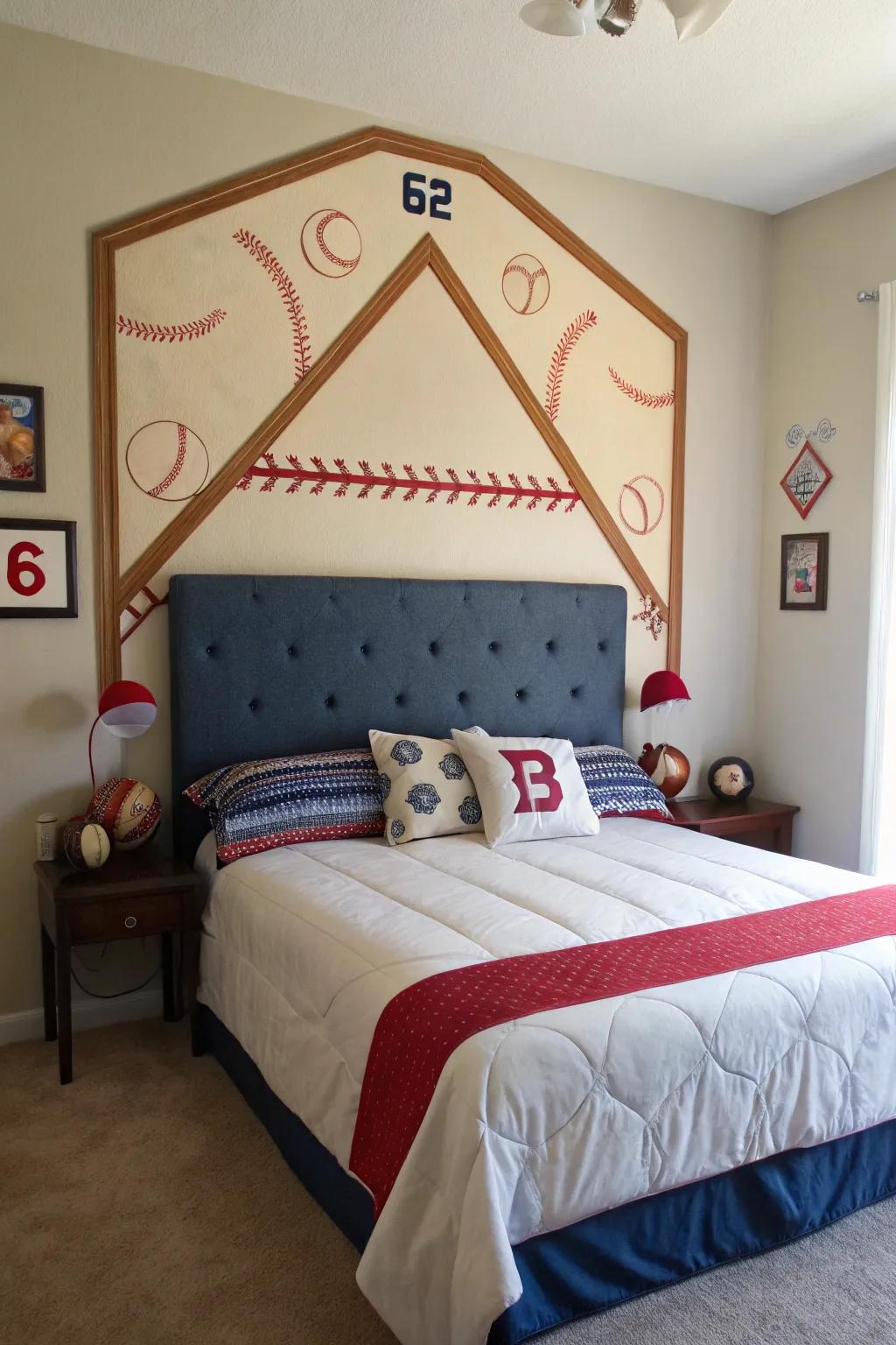A home plate bed frame makes for a fun and unique centerpiece for the room.