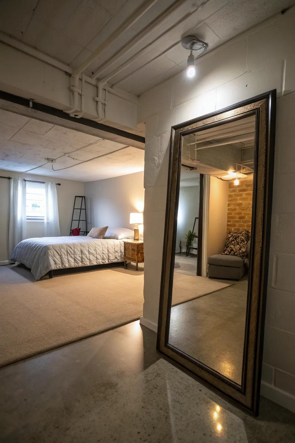 A large reflective surface enhances light and area in this basement bedroom.