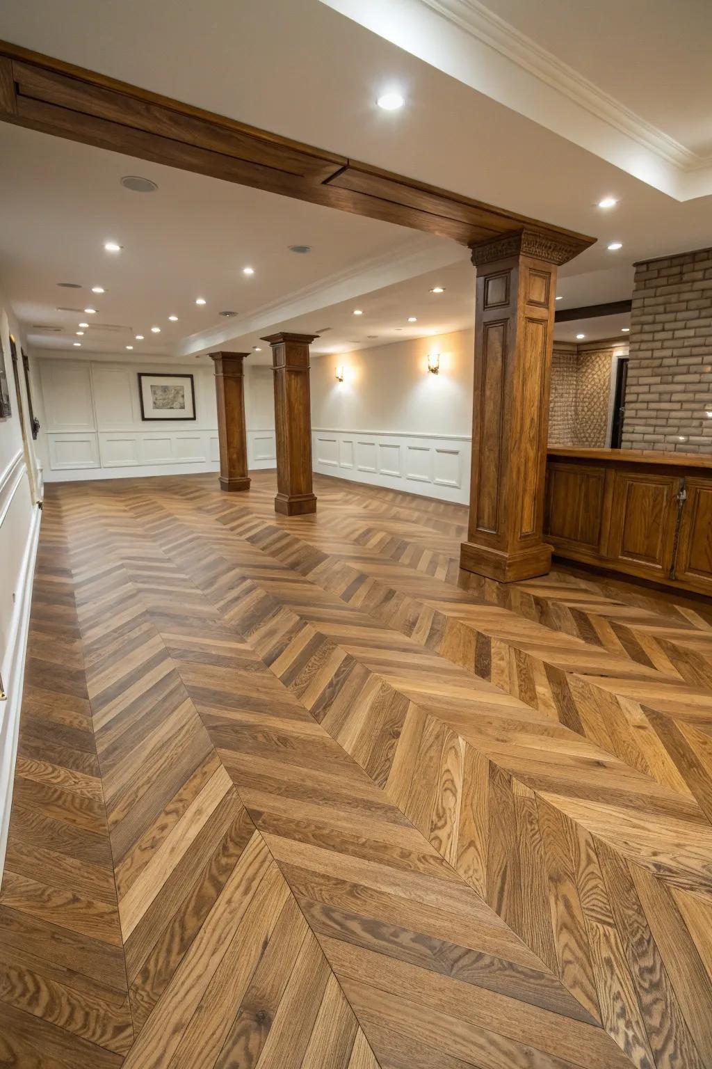 Herringbone oak flooring adds dynamic elegance to your basement.