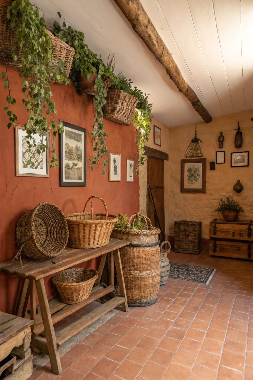 Clay walls add earth-inspired warmth to this inviting basement.