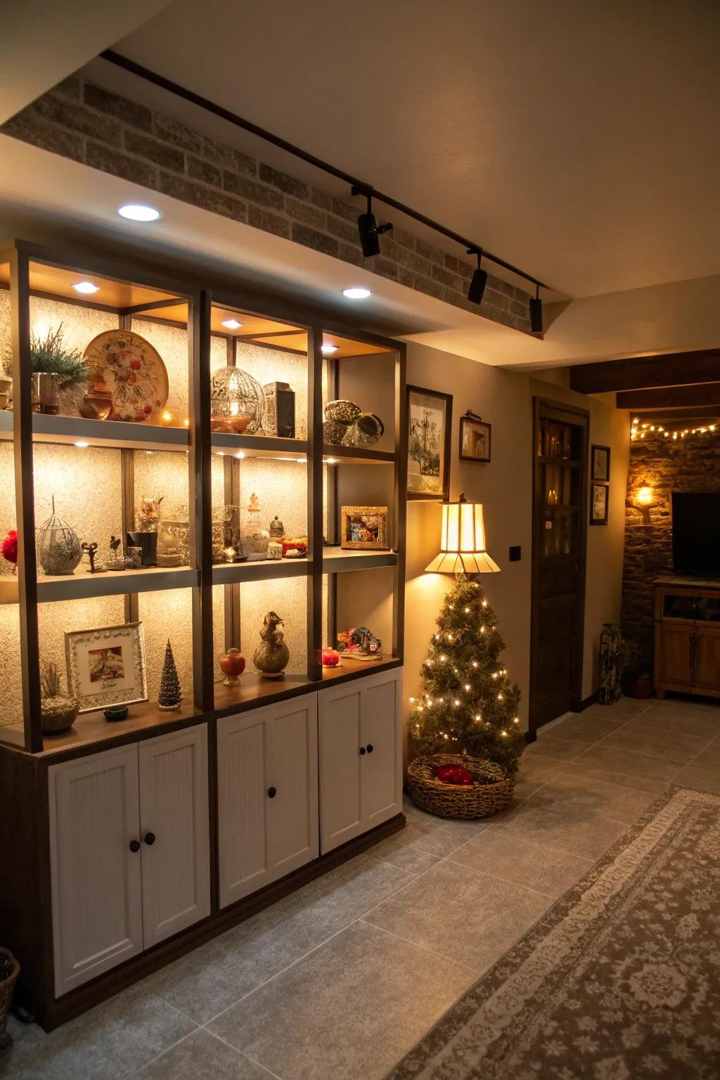 Your basement décor will be more dramatic and welcoming with backlit shelving.