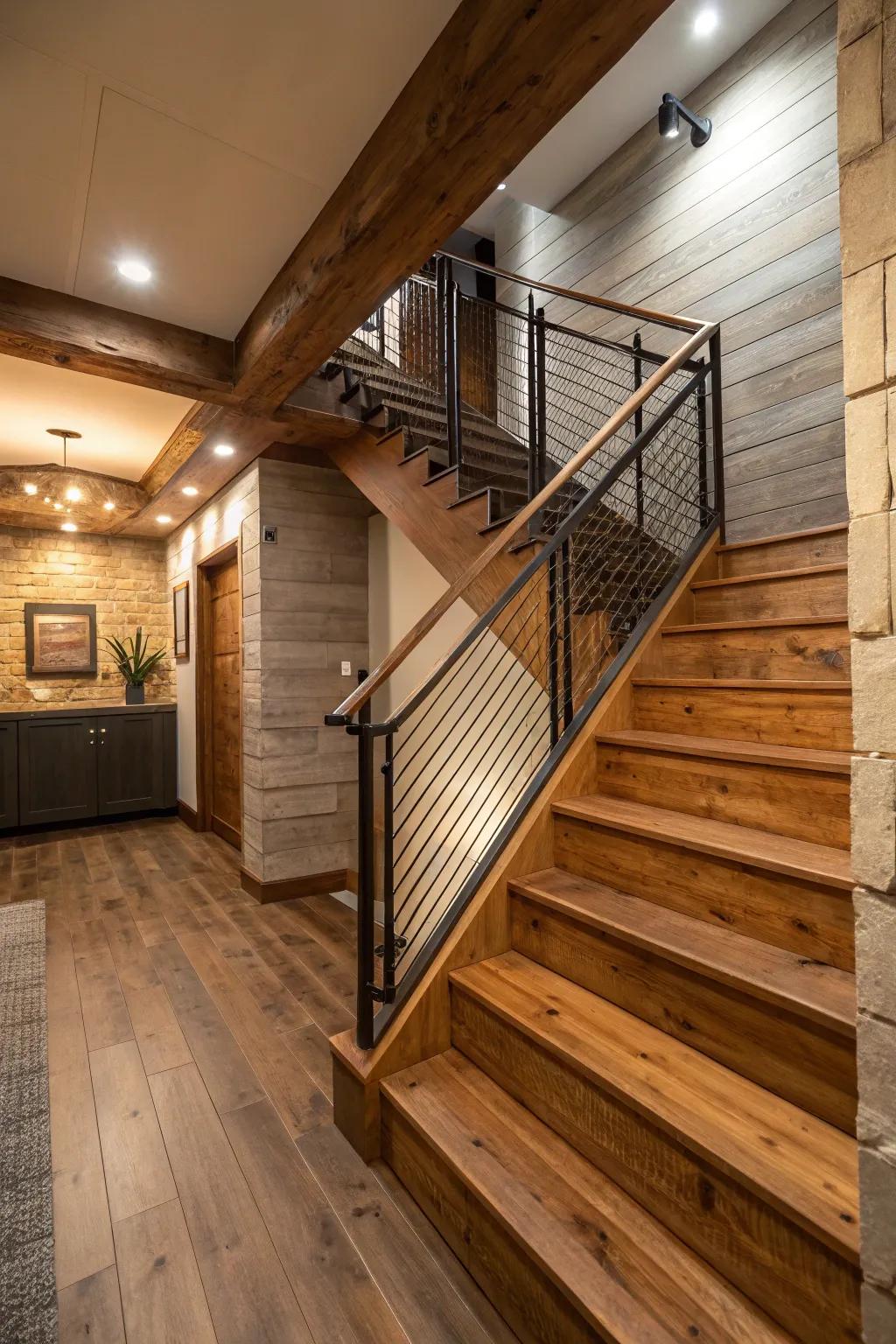 A mingling of wood and steel constructs a harmonious and stylish descent.