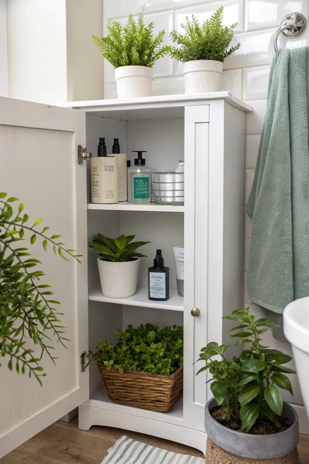 Plants add a refreshing touch to any bathroom storage space.