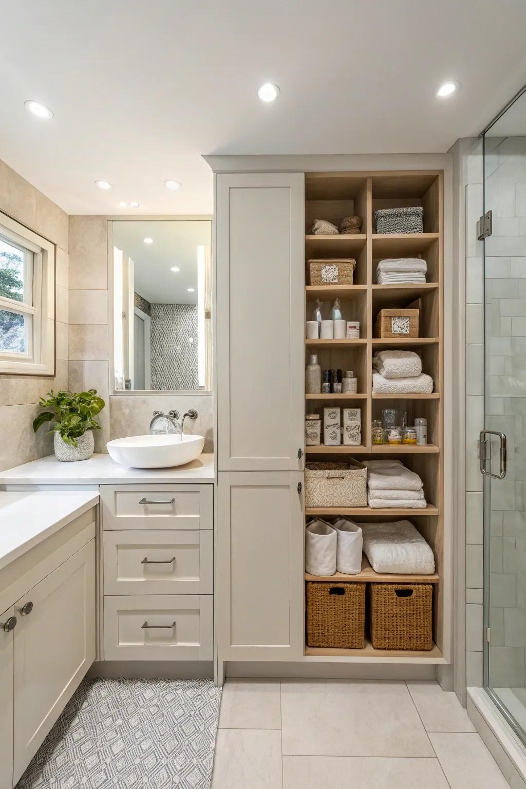 A bathroom with clever hidden storage solutions, maintaining a tidy and organized appearance.