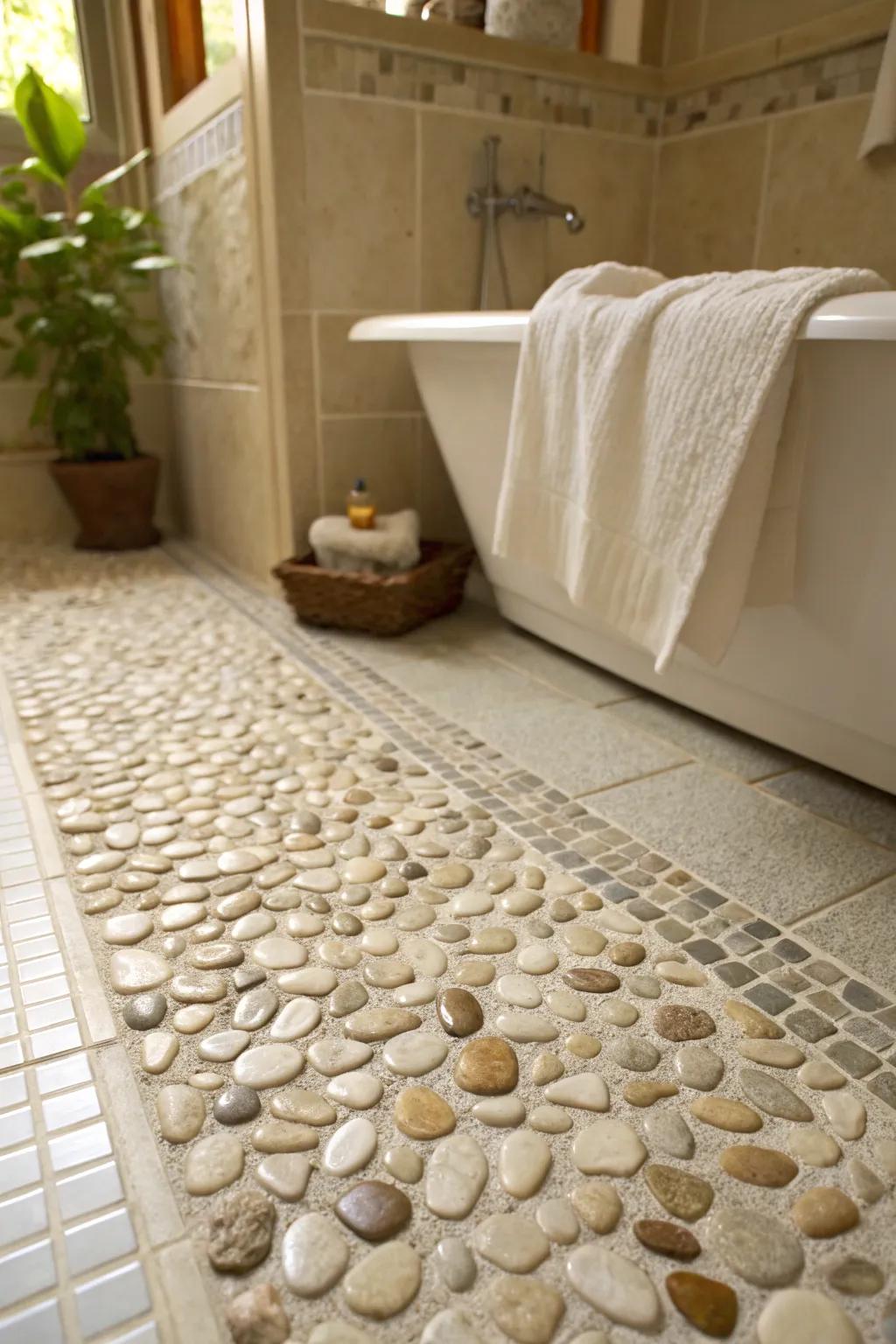 Pebble flooring introduces a calming, nature-inspired element to bathrooms.
