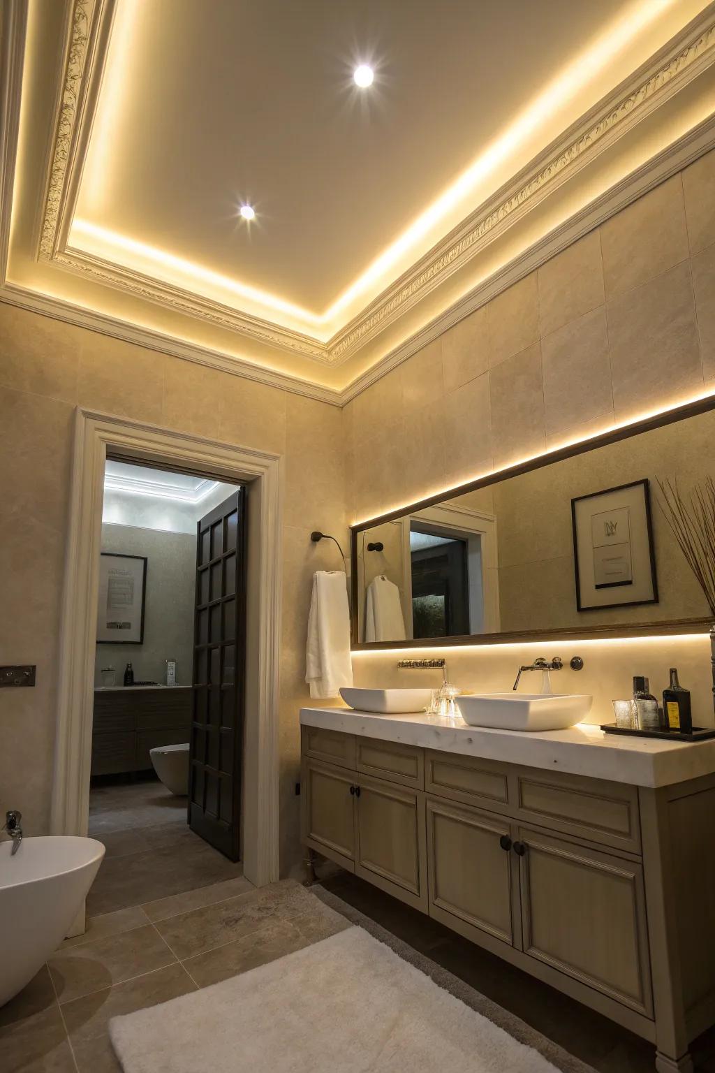 LED-backlit molding appends ambiance and a futuristic nuance.