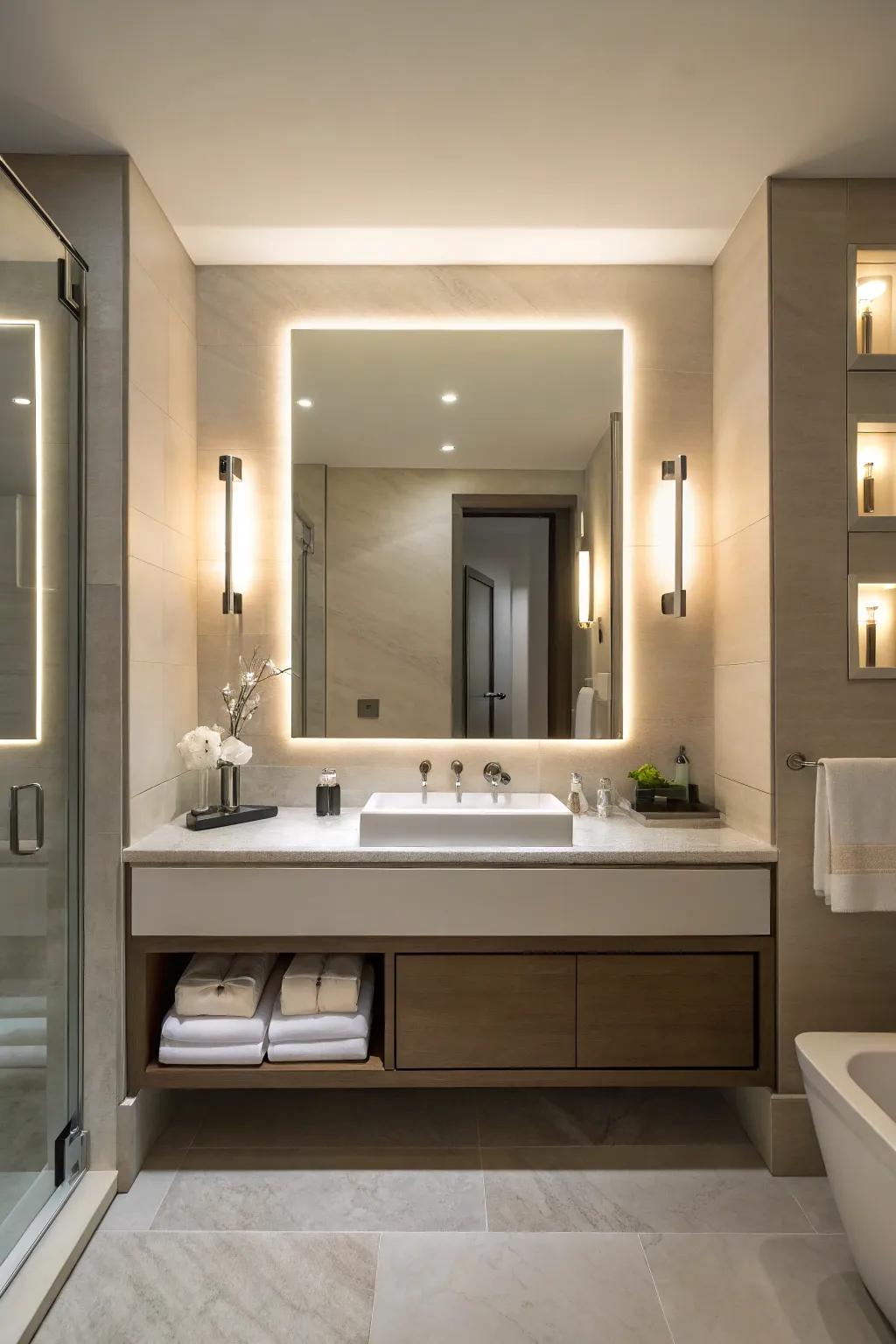 Backlit mirrors with wall lights offer sleek, modern lighting solutions.