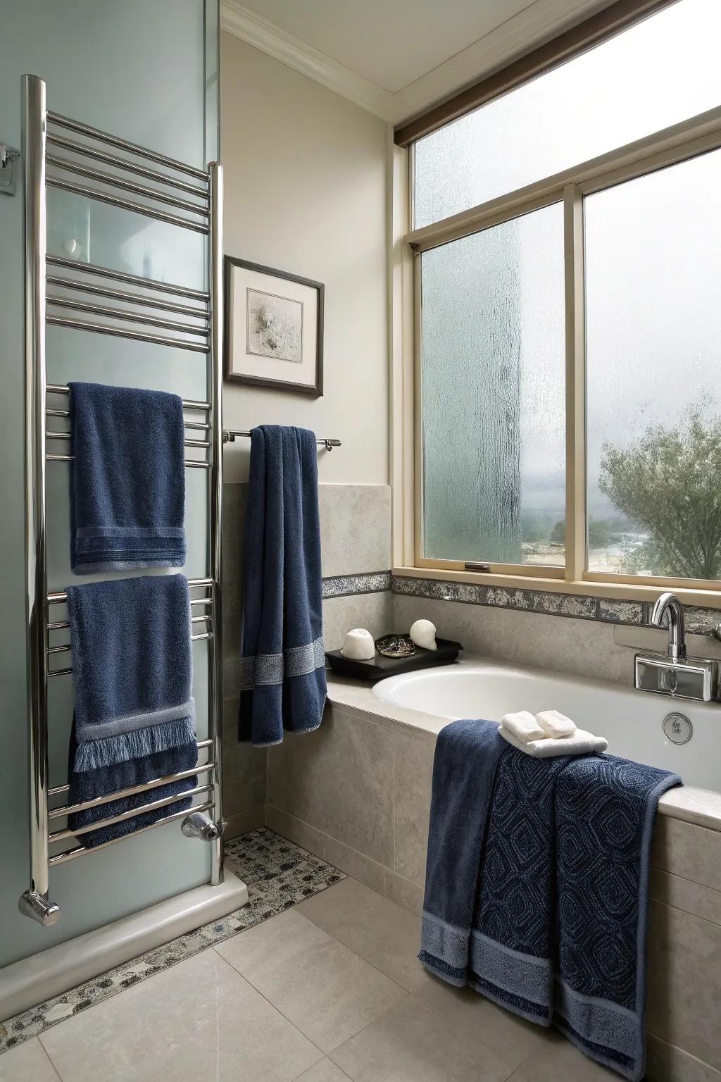 Midnight and argent towels fashion a serene spa-esque ambiance.