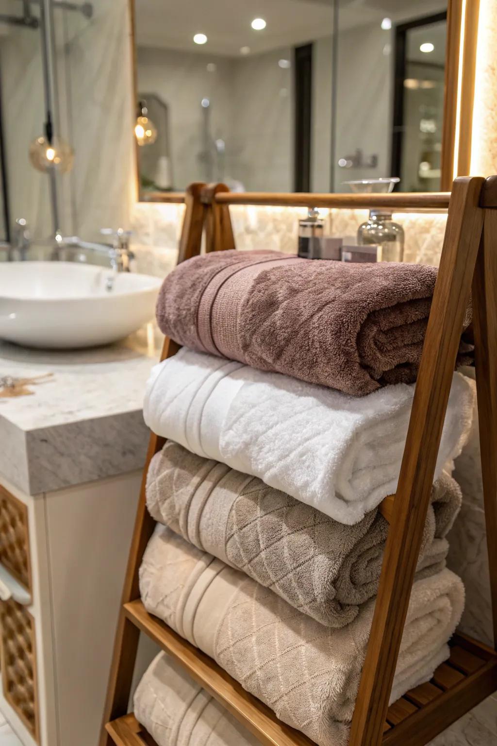 Intrigue with luxurious textures for a sophisticated towel display.