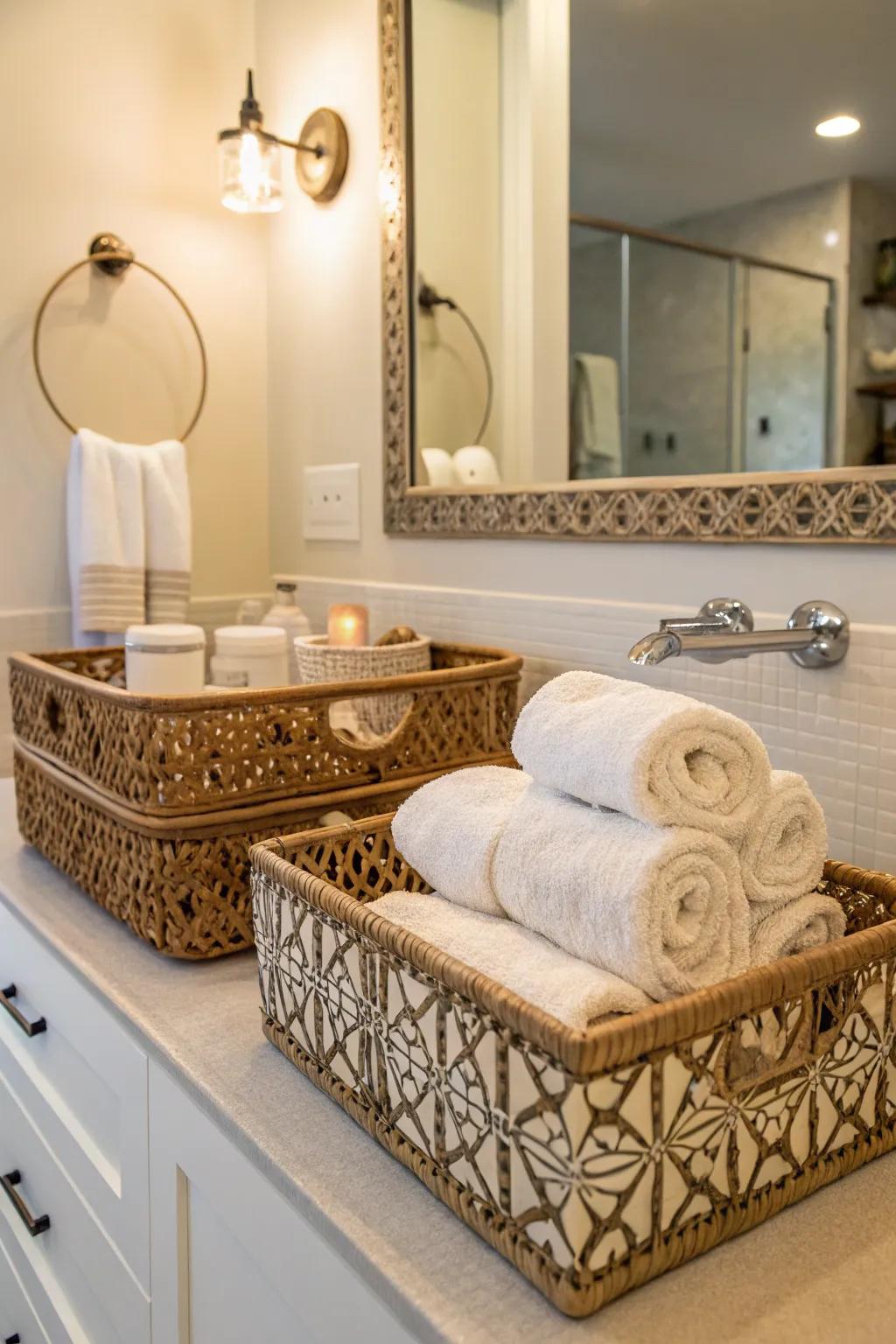 Ornamental baskets add stylish towel storage.