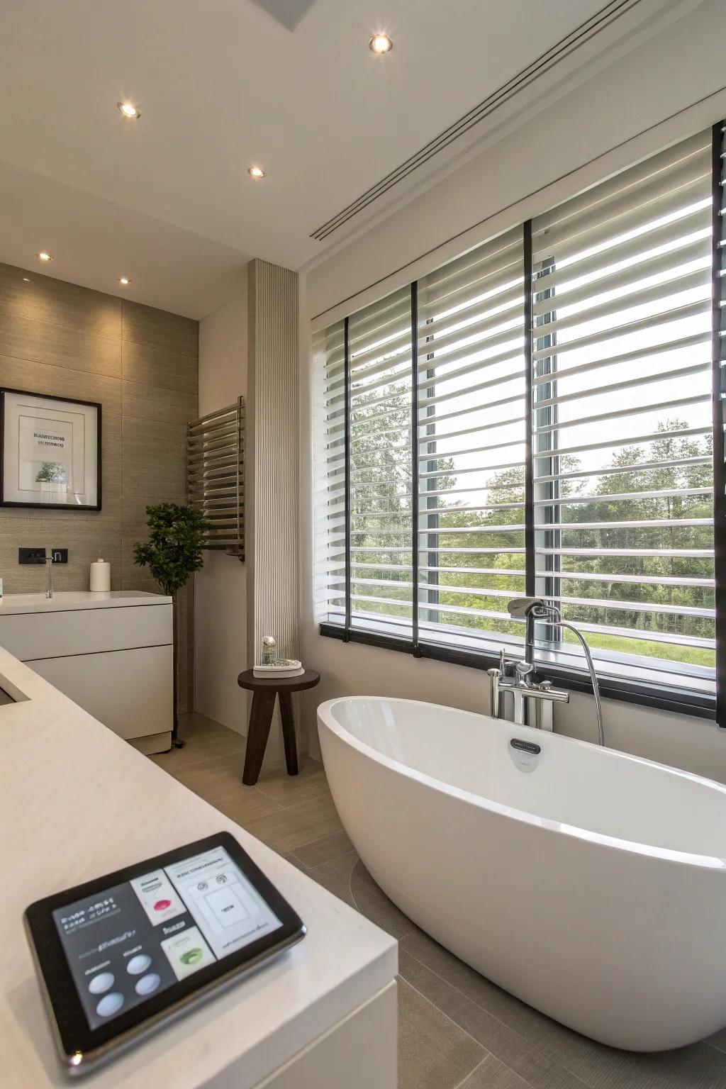Modern comfort: Intelligent blinds enhance a tech-oriented bathroom.