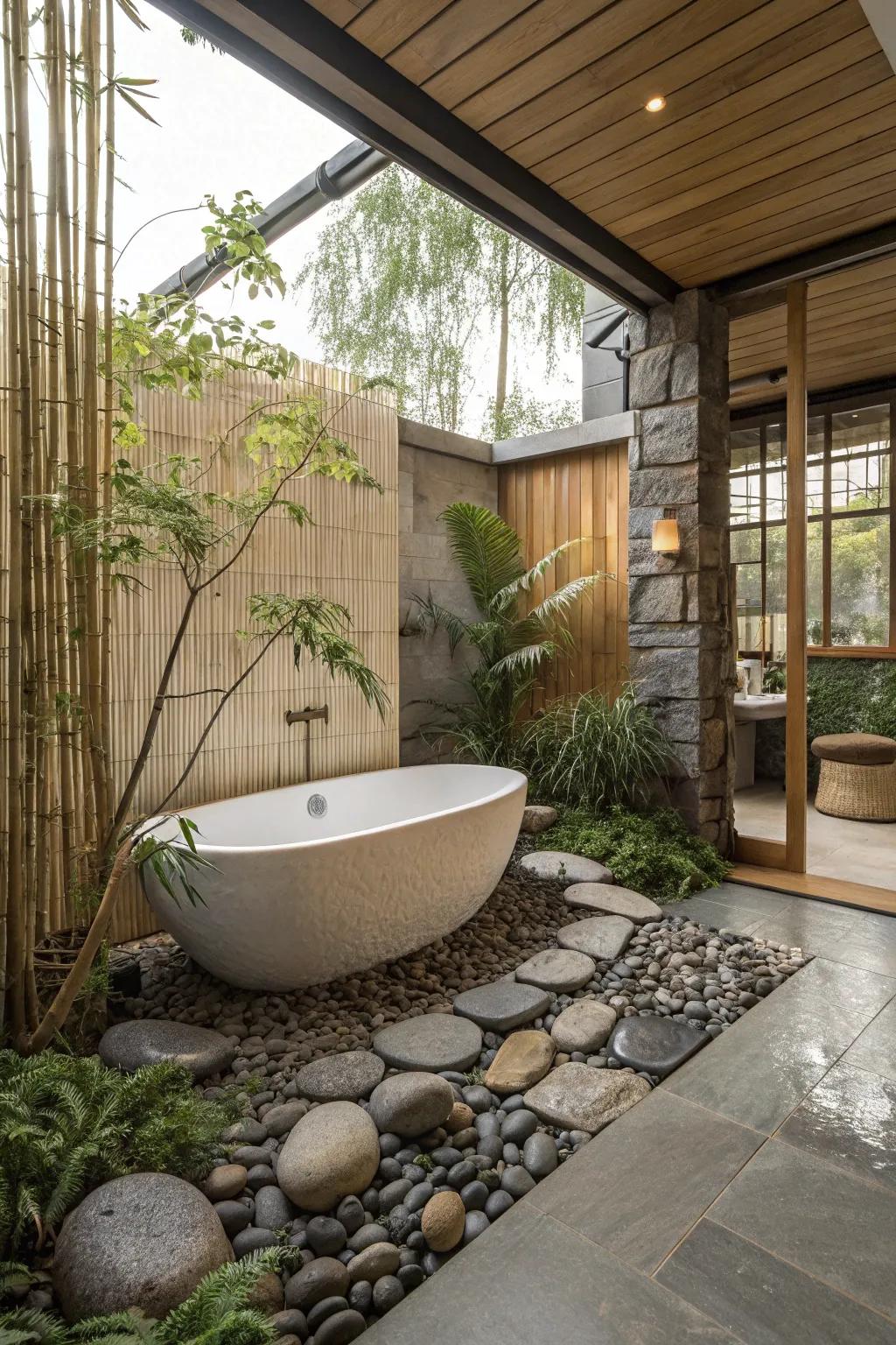 A zen haven featuring calming components encompassing the tub.