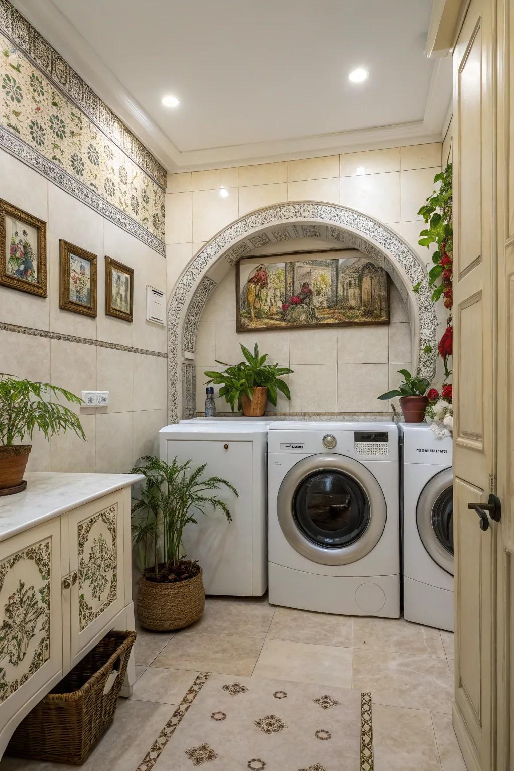 Tasteful decorations transform the washing area into a design feature.