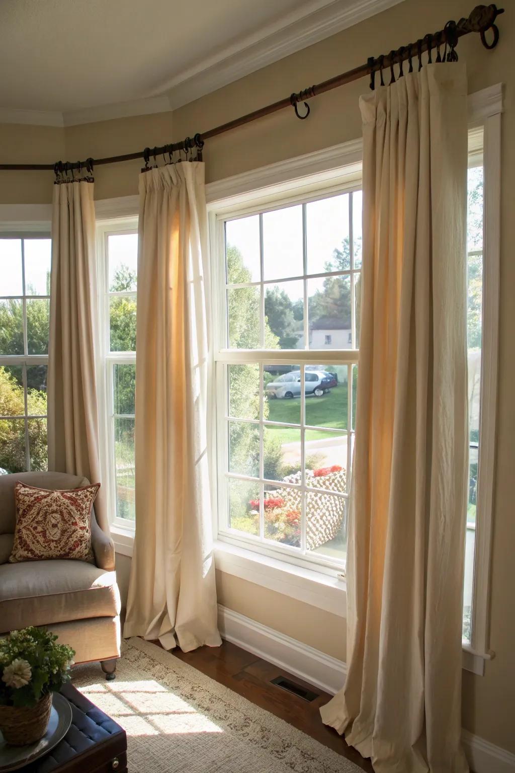 DIY window covering poles offer a personalized and creative solution for bay windows.