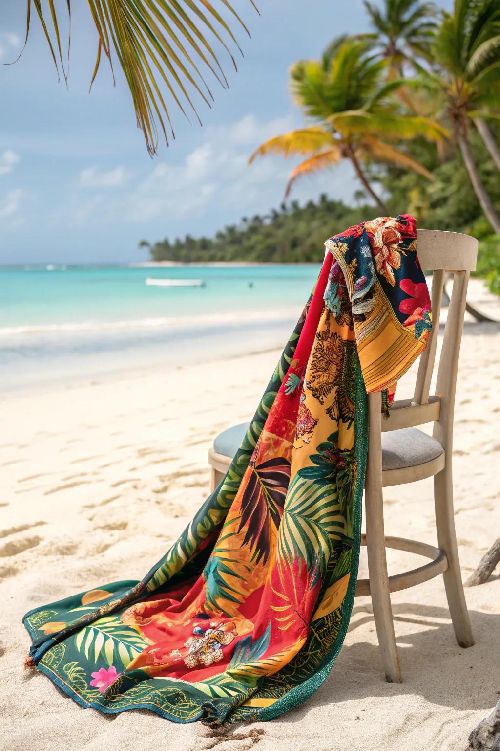 Incorporate a burst of color to your ensemble with a tropicana design scarf.