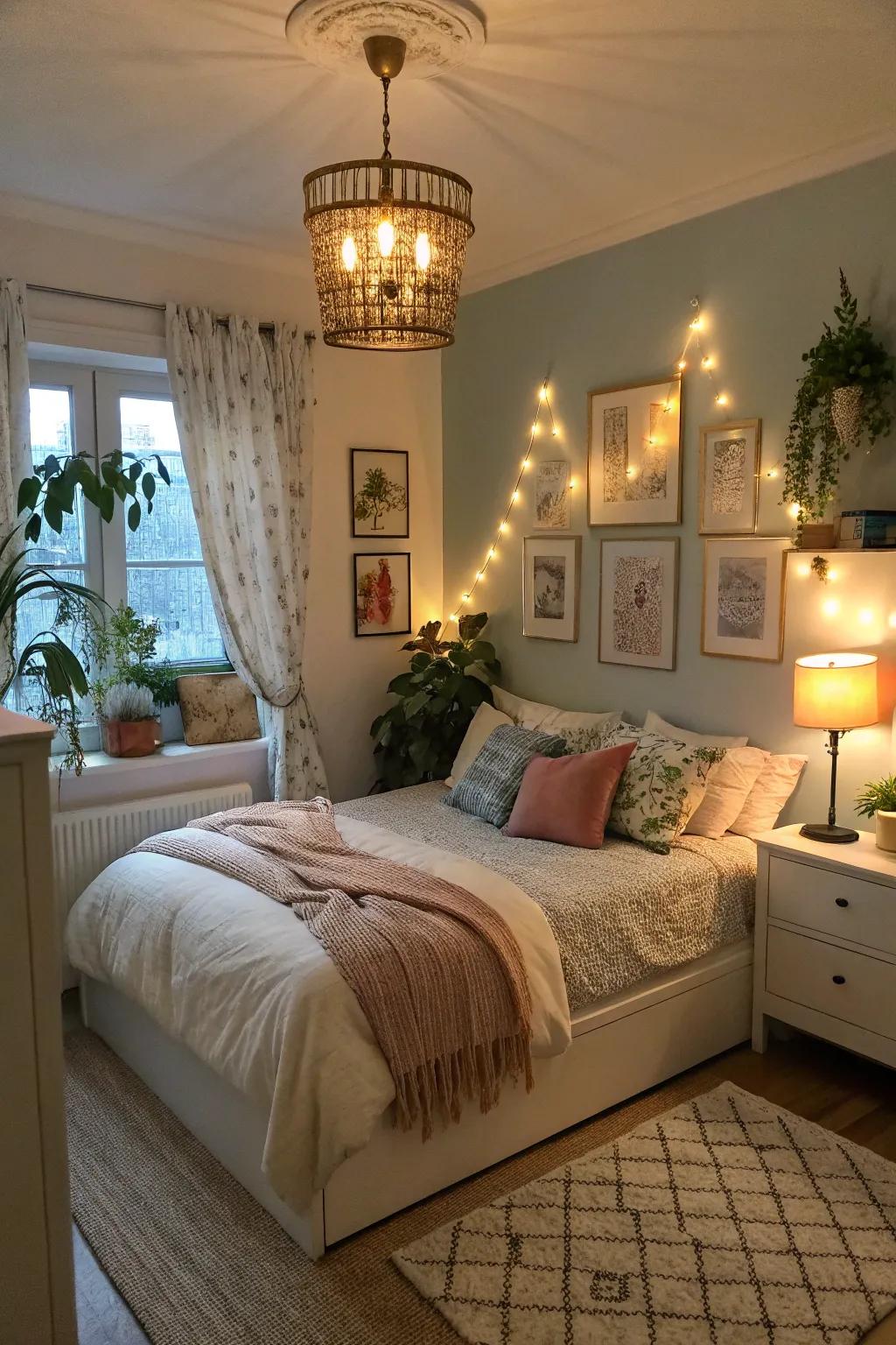 Layered illumination enhances the cozy ambiance of a corner bed.