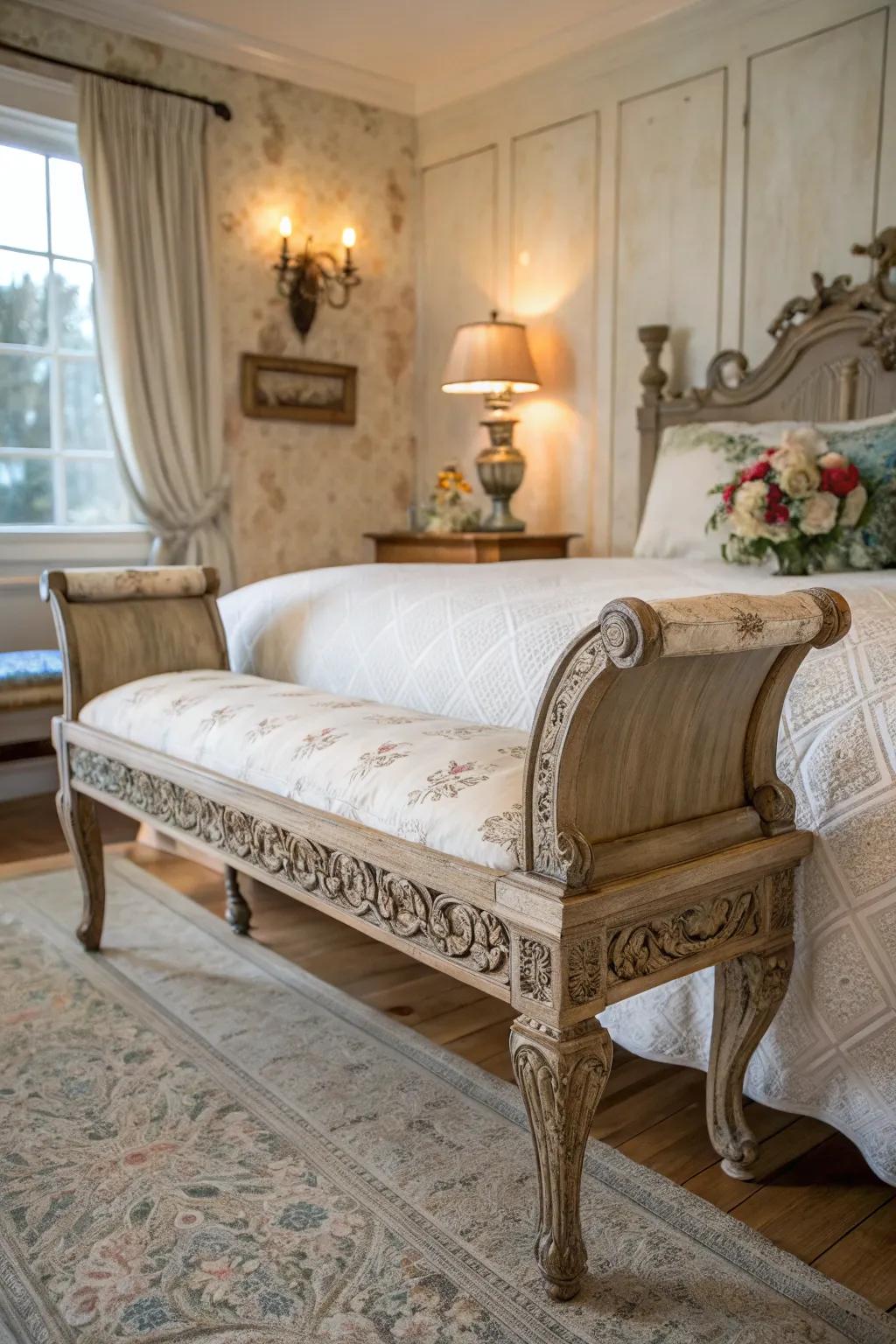 Vintage benches bringing nostalgia and charm to your bedroom.