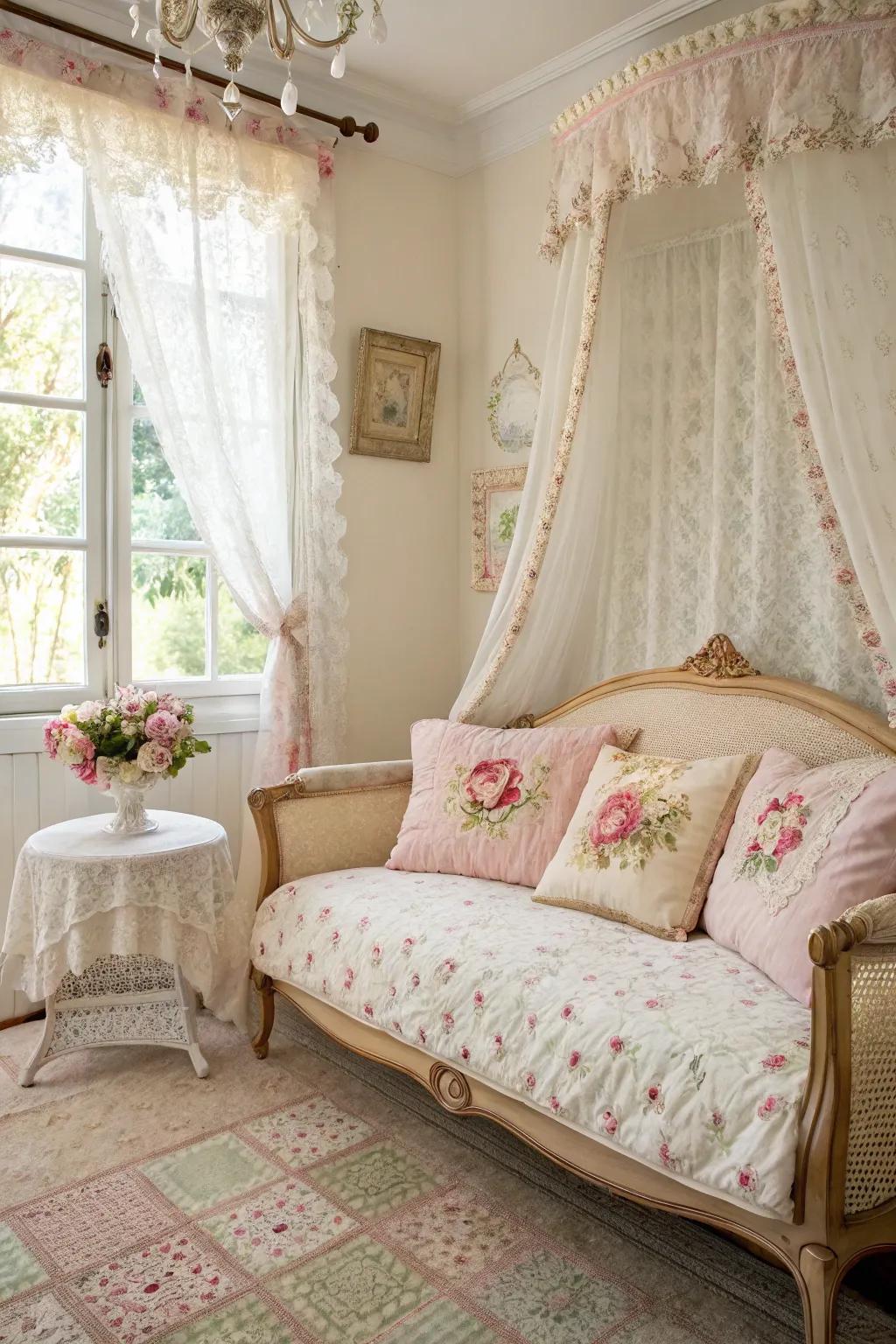 A French Provincial settee in a bedroom, offering charm and elegance.
