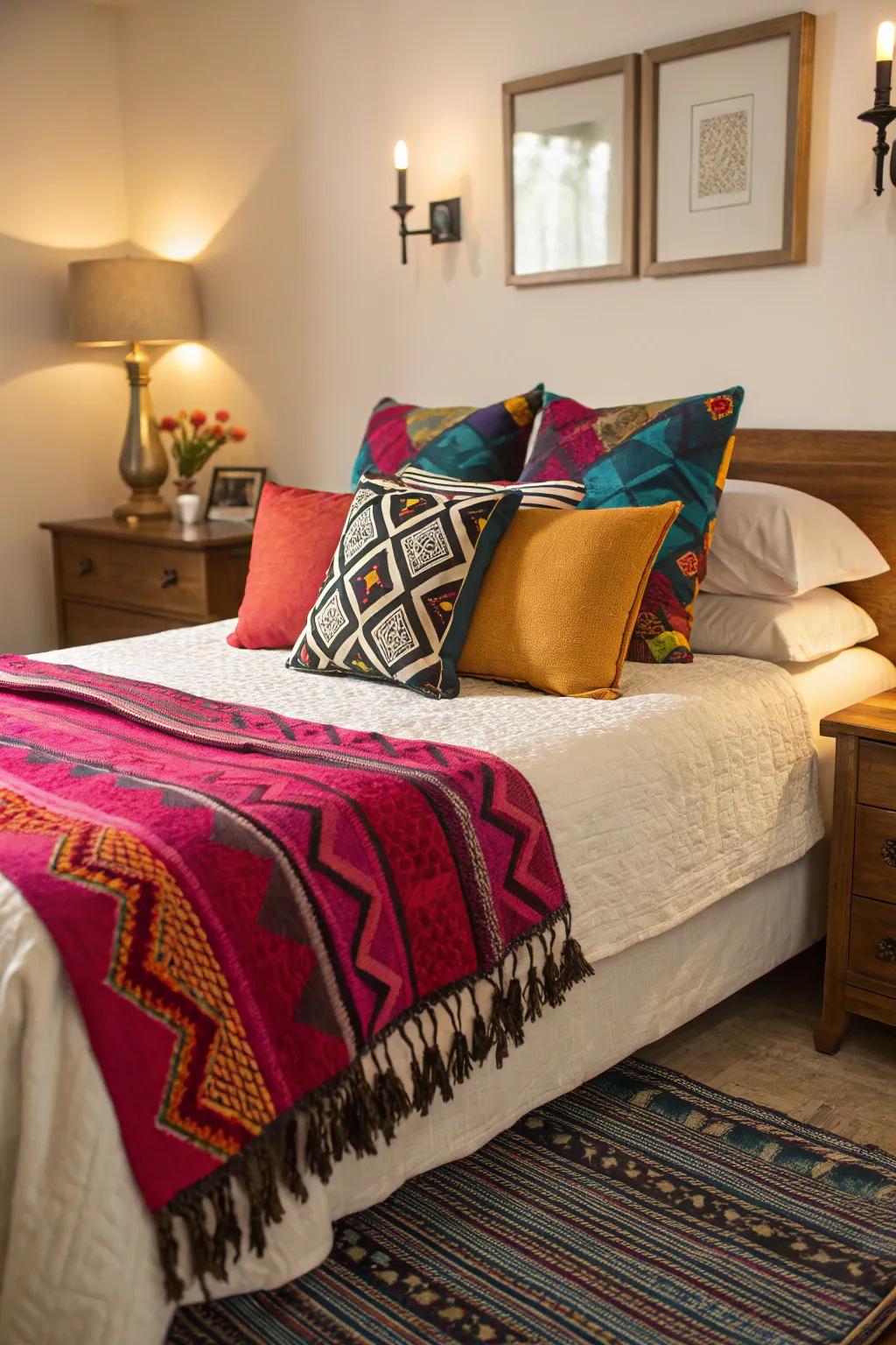 Bright accents add a pop of color to a muted bedroom.