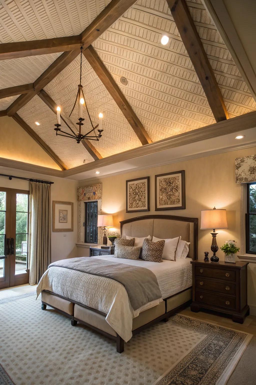 A feature ceiling adds a unique dimension to the room, drawing the eye upwards.