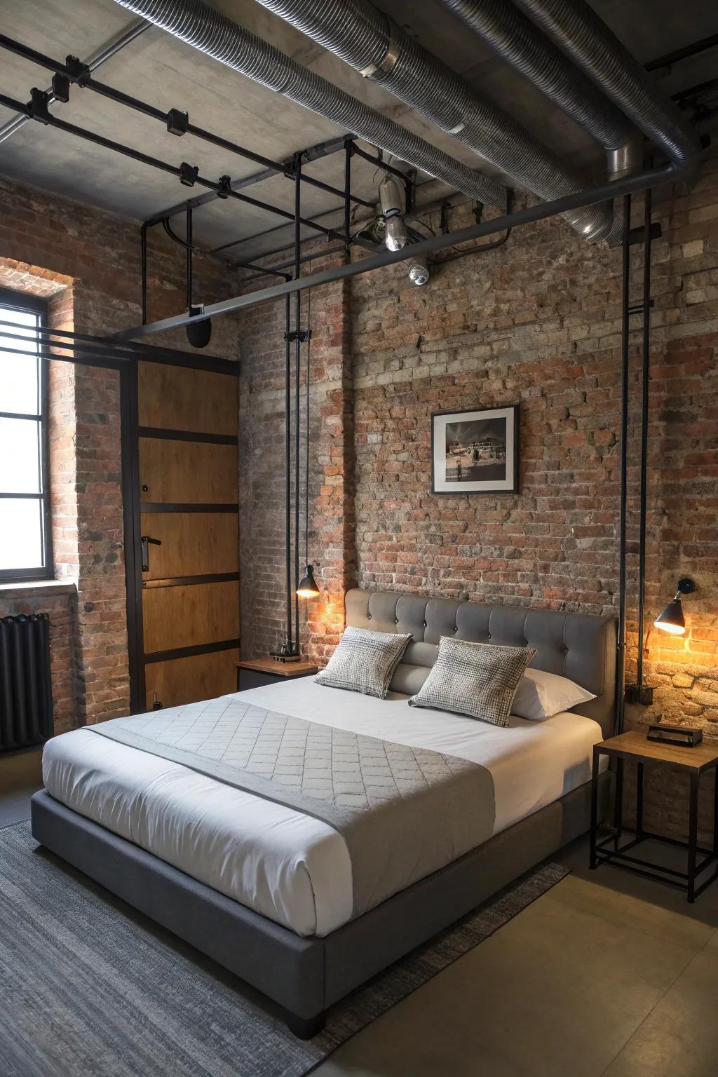 Industrial elements add a modern and rugged touch to the bedroom.